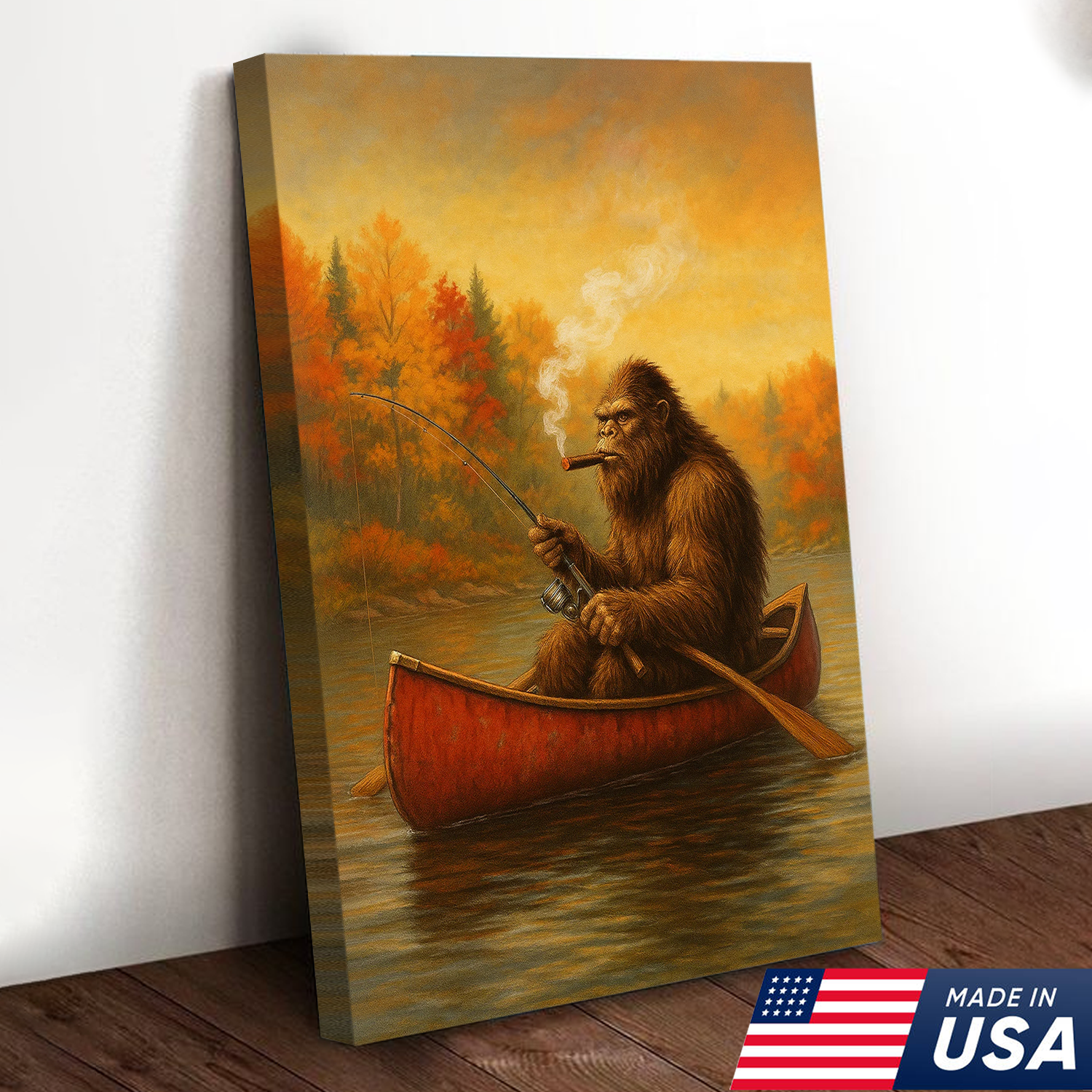 Bigfoot Fishing Canvas Wall Art – Rustic Lodge & Man Cave Decor
