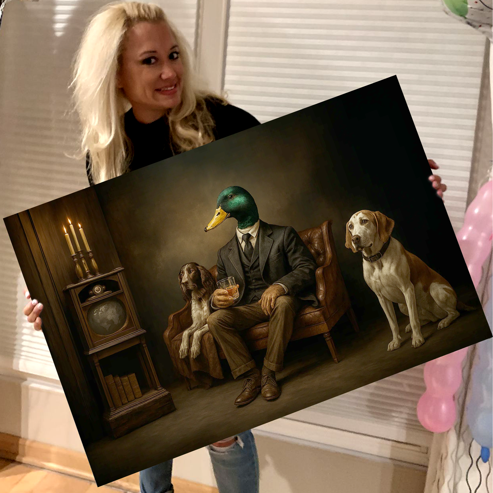 Gentleman Duck Canvas Wall Art – Rustic Whiskey Lounge & Hunting Lodge Decor, Man Cave Dog Lover Gift