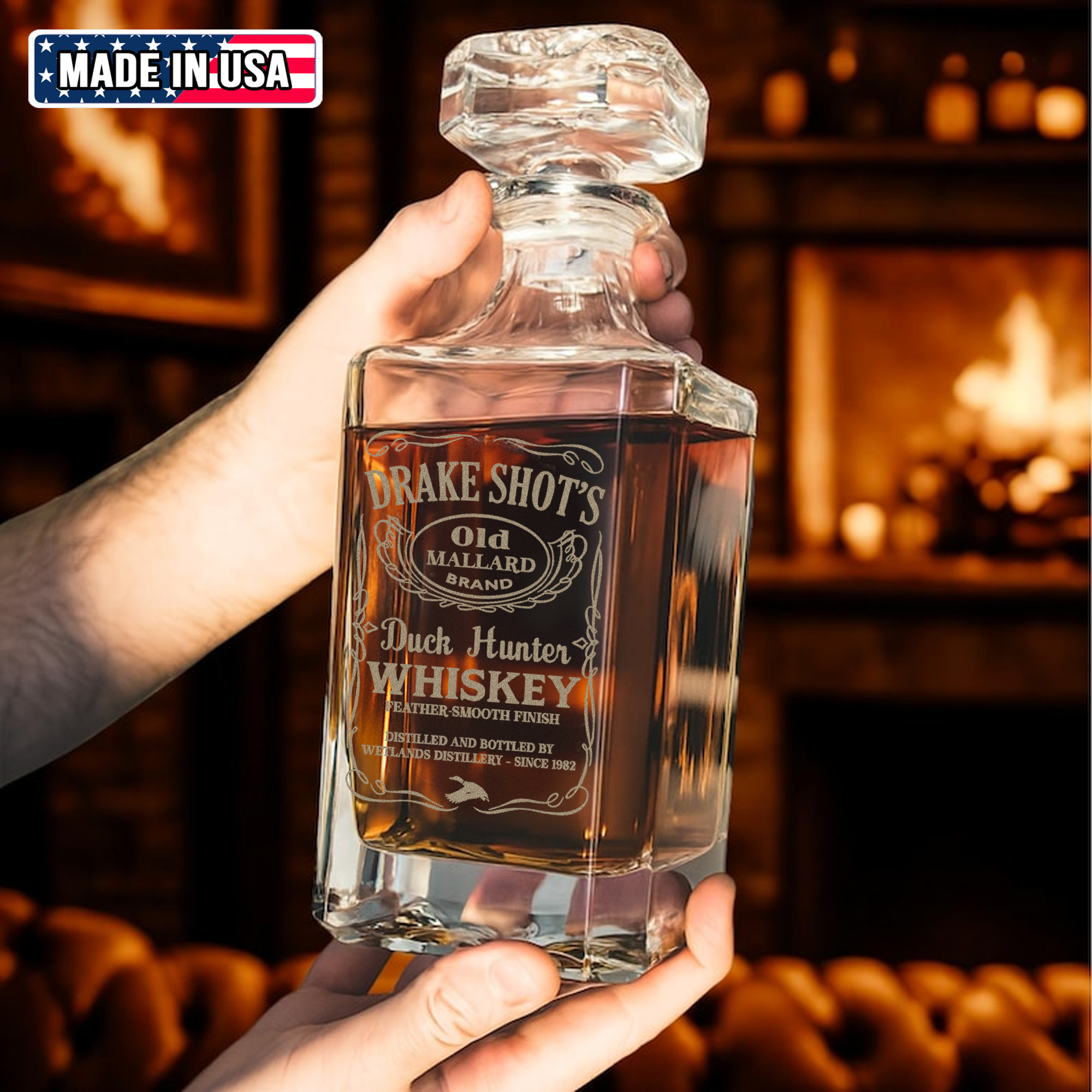 Drake Shot’s Whiskey Decanter Set – Engraved Duck Hunter Glass Barware Gift For Waterfowl Hunters & Drinking Lovers