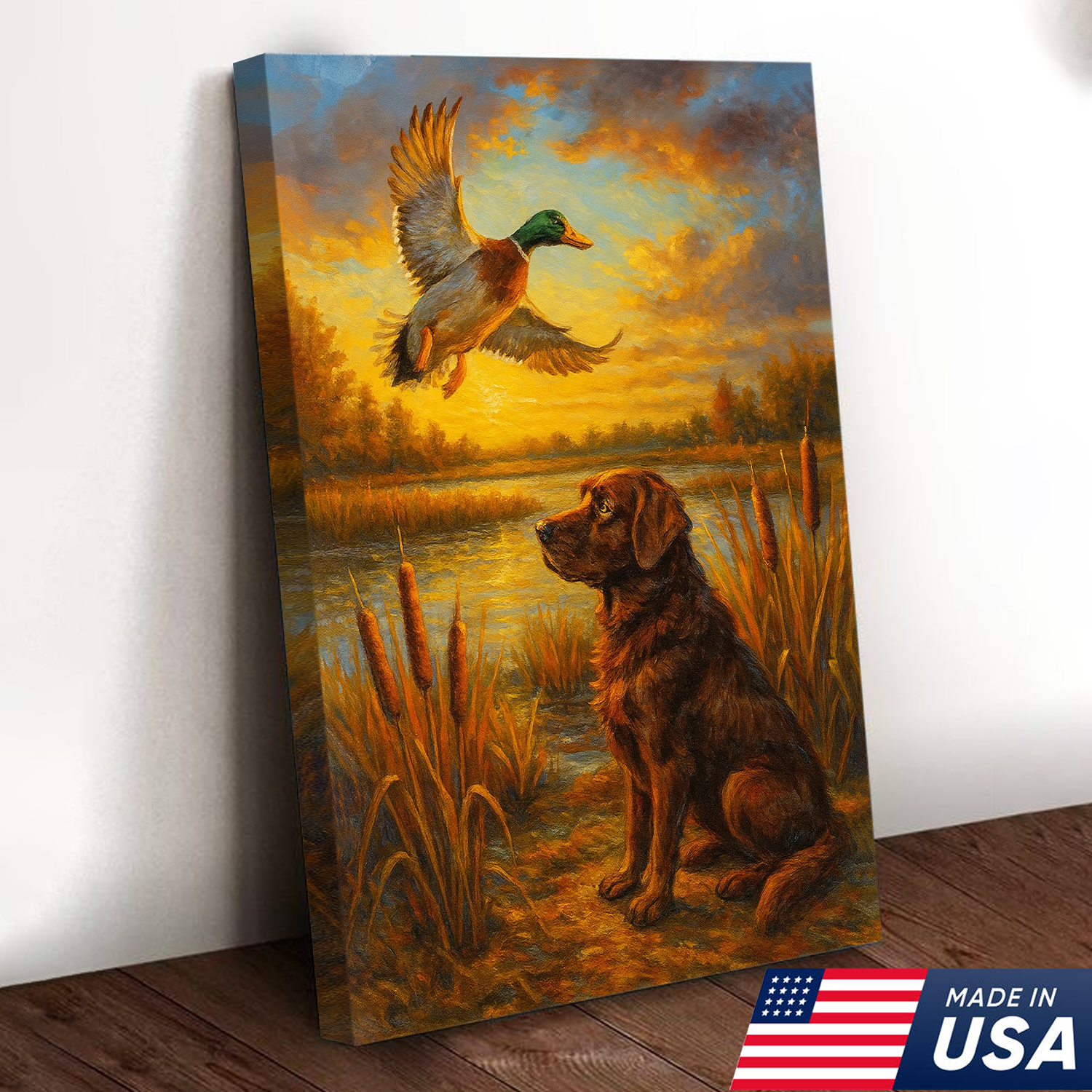 Hunting Dog & Mallard Canvas Wall Art – Rustic Wildlife Painting Made in USA