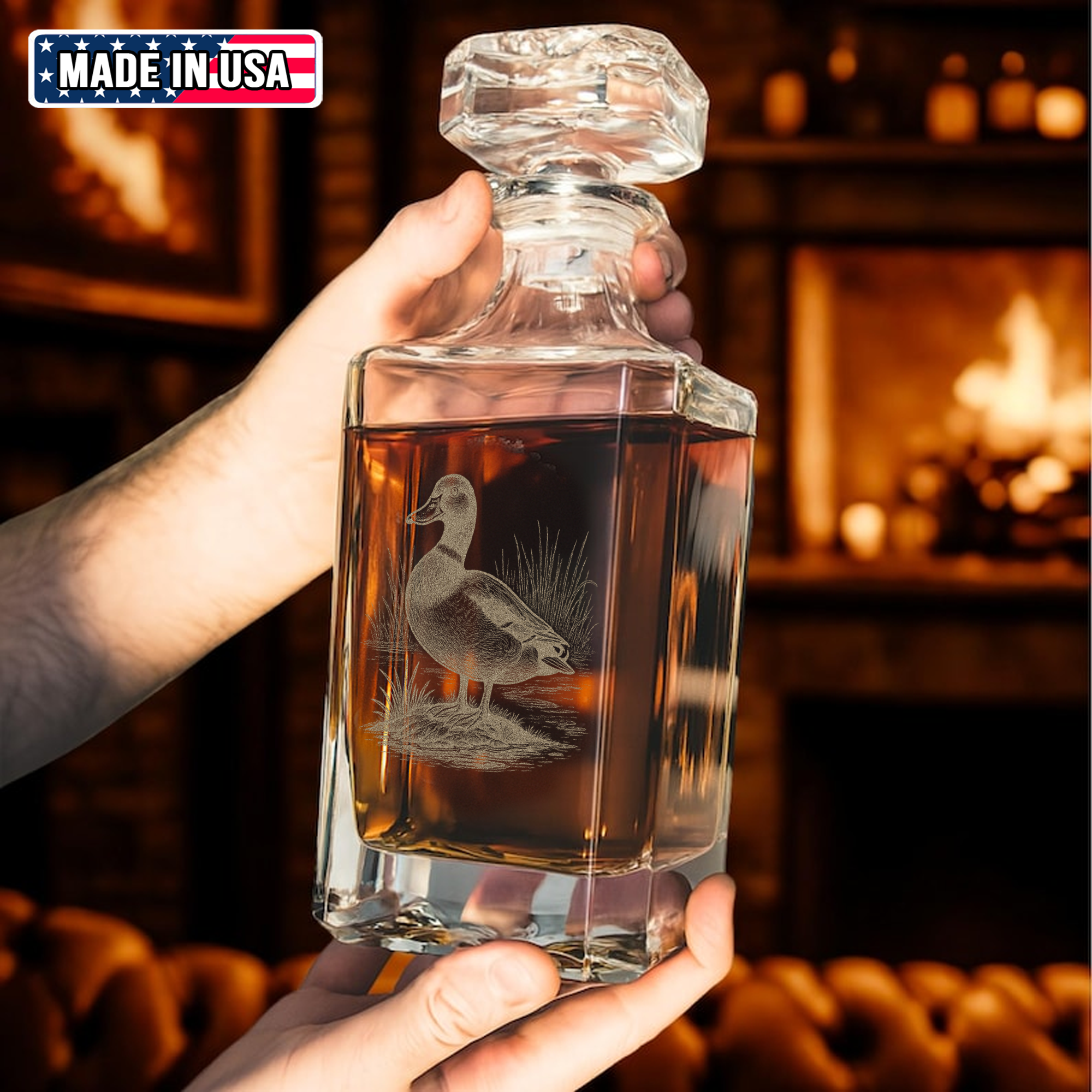Duck Hunting Whiskey Decanter Set – Engraved Glass Barware Gift for Hunters & Drinking Lovers