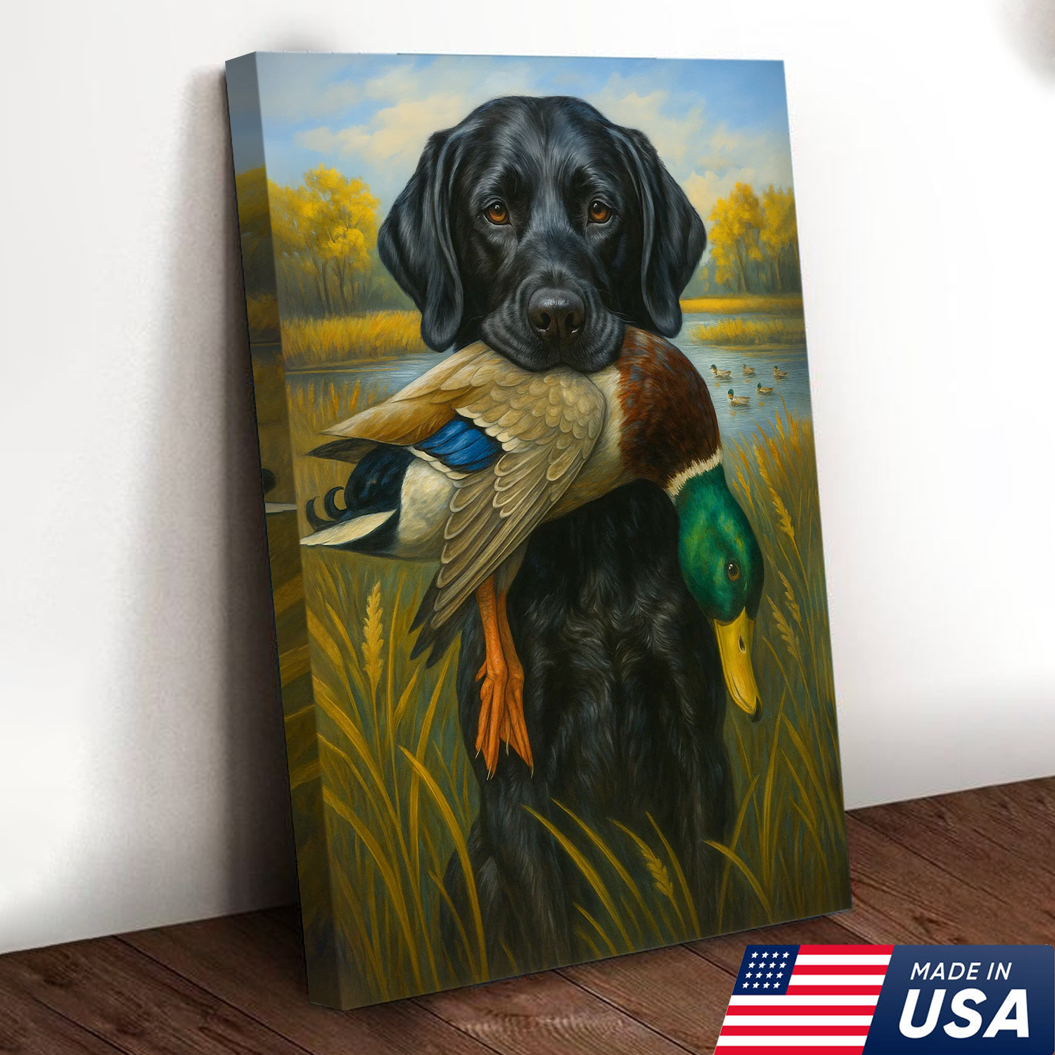 Hunting Dog Canvas Wall Art – Black Labrador Retriever with Duck, Rustic Cabin & Man Cave Decor, Made in USA
