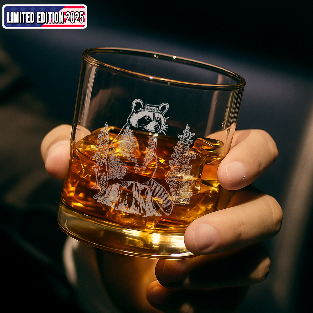Raccoon In Forest Engraved Whiskey Glass, Wildlife Raccoon Rocks Glass Gift for Whiskey Lovers & Hunters