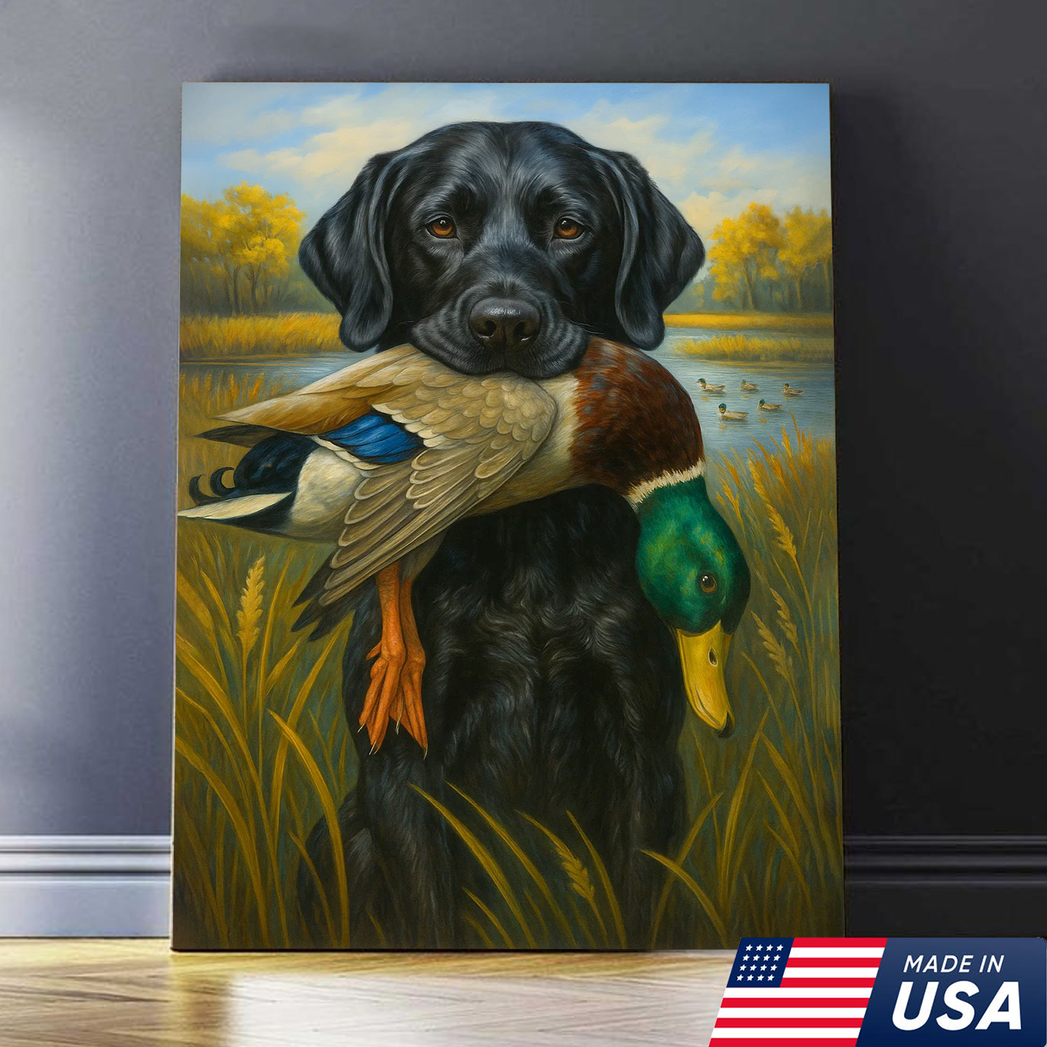 Hunting Dog Canvas Wall Art – Black Labrador Retriever with Duck, Rustic Cabin & Man Cave Decor, Made in USA