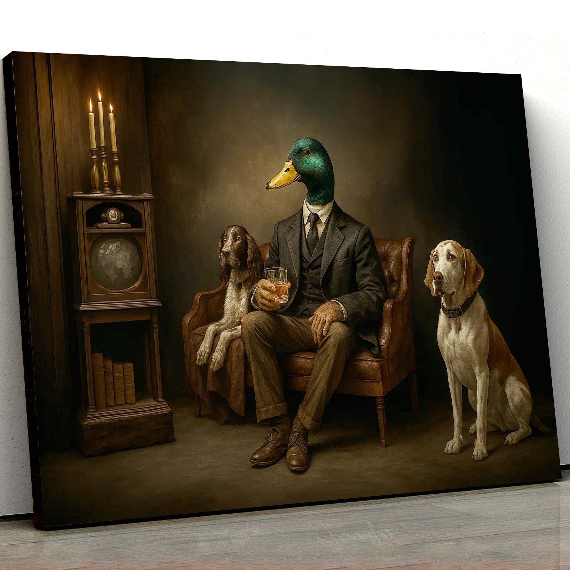 Gentleman Duck Canvas Wall Art – Rustic Whiskey Lounge & Hunting Lodge Decor, Man Cave Dog Lover Gift