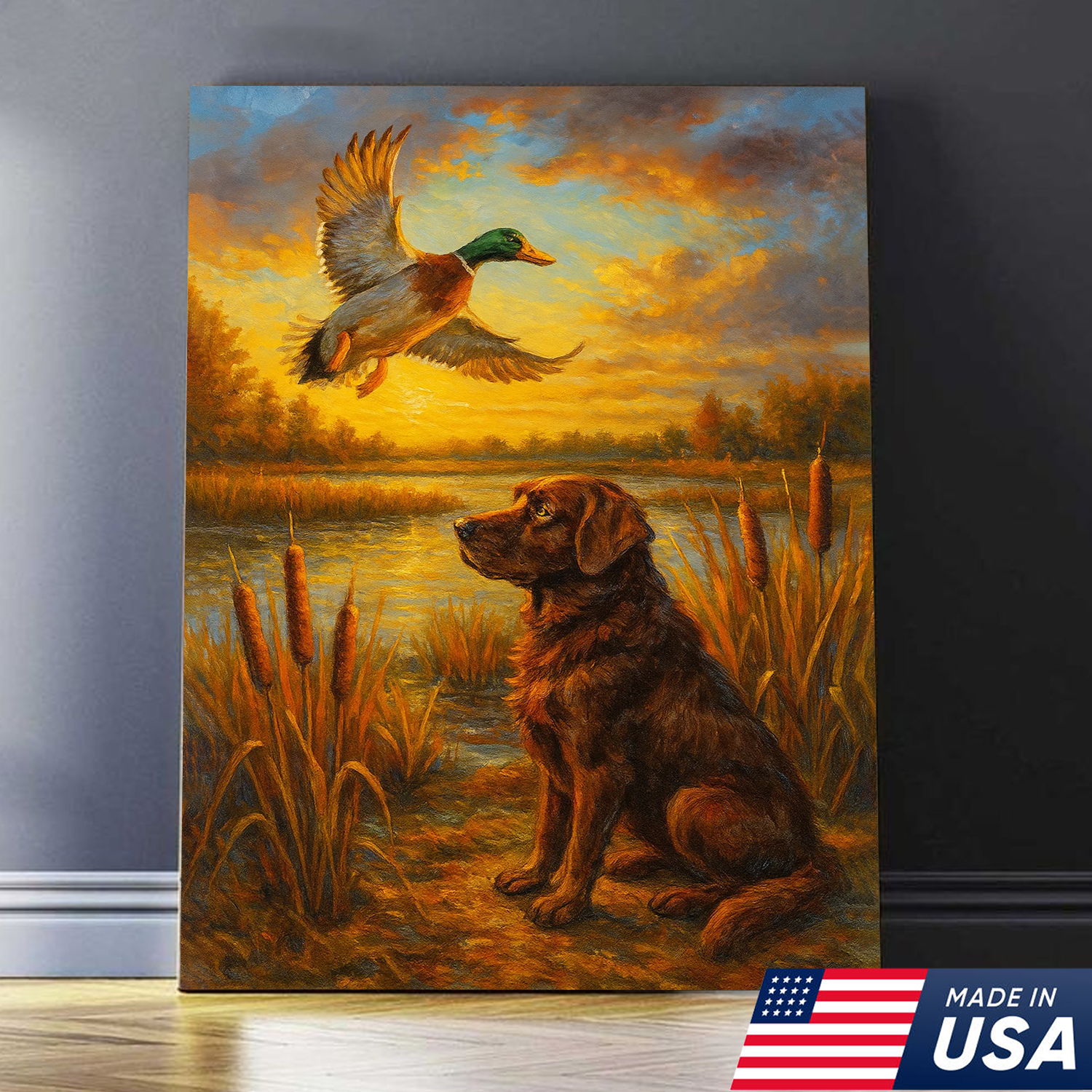 Hunting Dog & Mallard Canvas Wall Art – Rustic Wildlife Painting Made in USA
