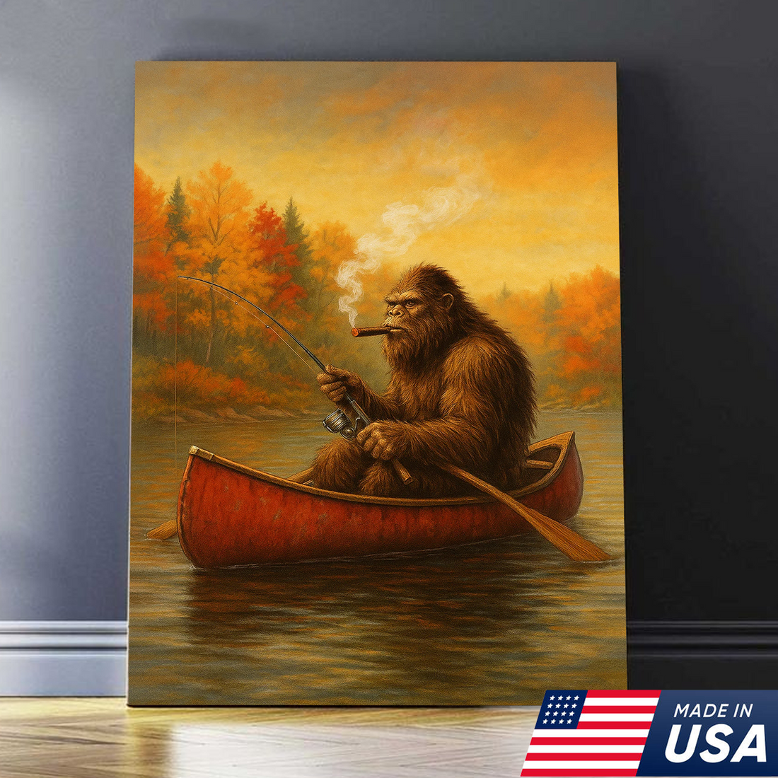 Bigfoot Fishing Canvas Wall Art – Rustic Lodge & Man Cave Decor