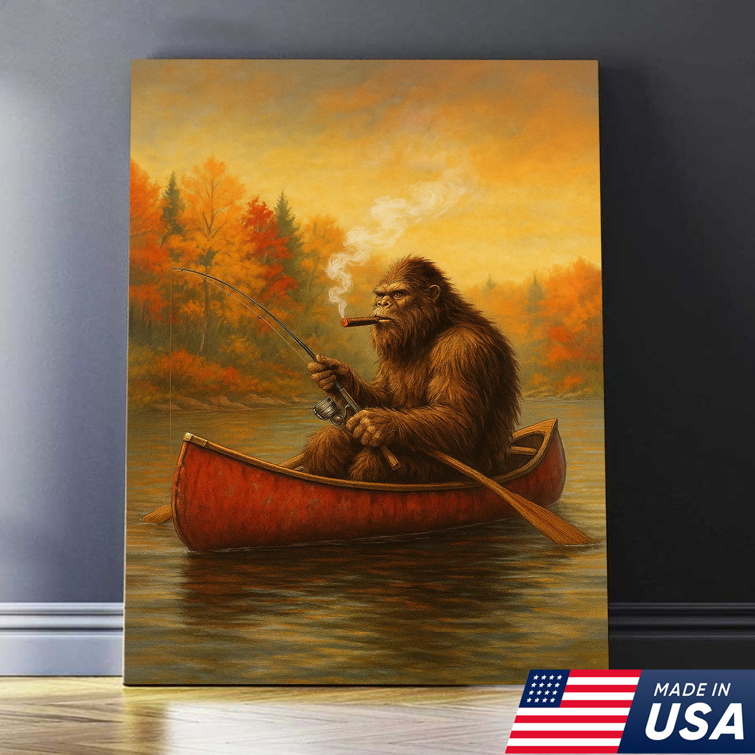 Bigfoot Fishing Canvas Wall Art – Rustic Lodge & Man Cave Decor
