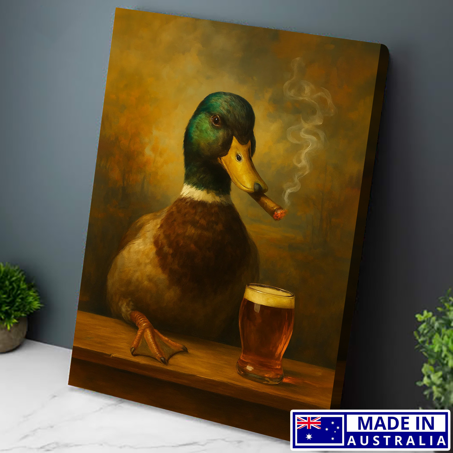 Funny Duck Smoking & Cocktail Glasses Canvas Wall Art – Retro Hunter Gift Made in Australia