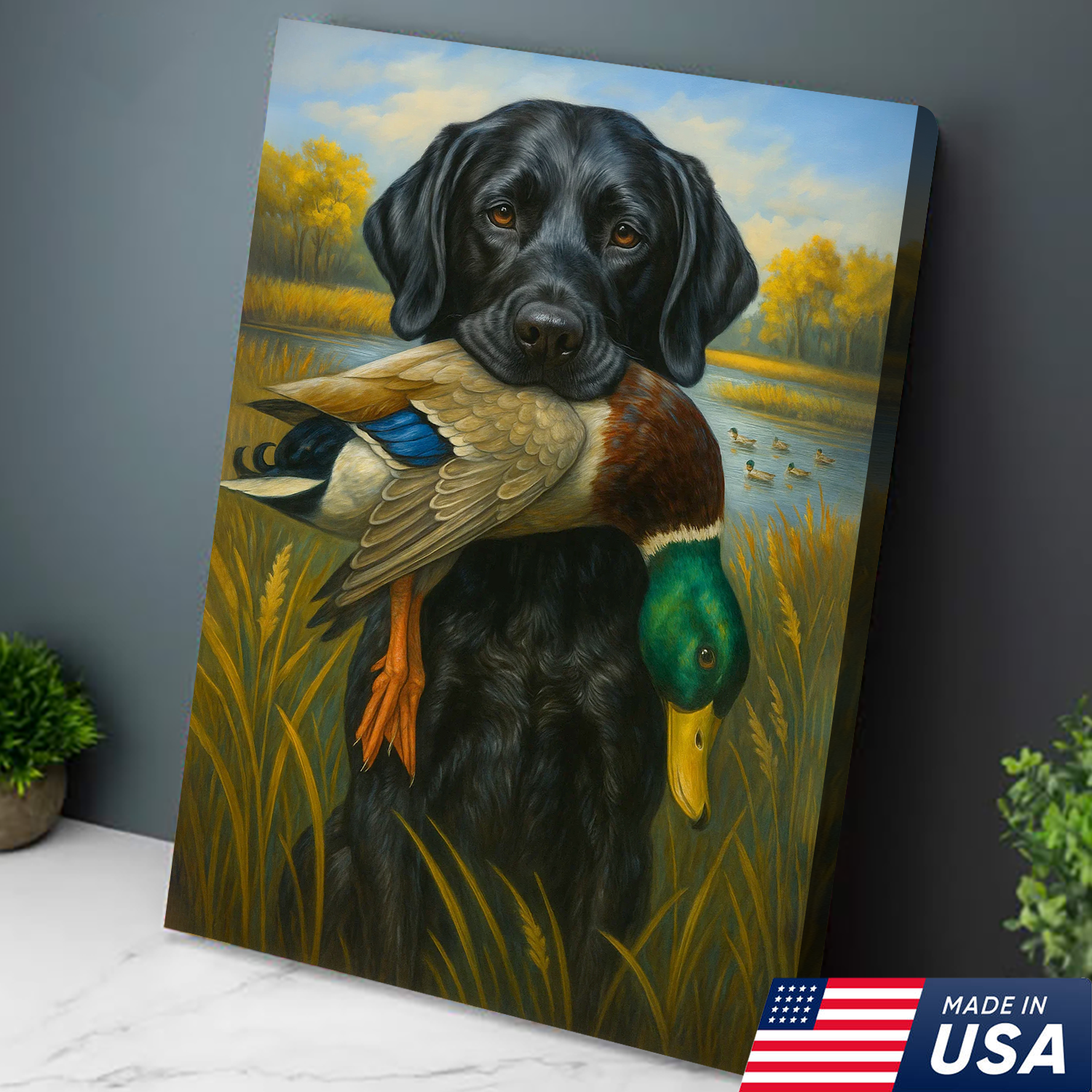 Hunting Dog Canvas Wall Art – Black Labrador Retriever with Duck, Rustic Cabin & Man Cave Decor, Made in USA