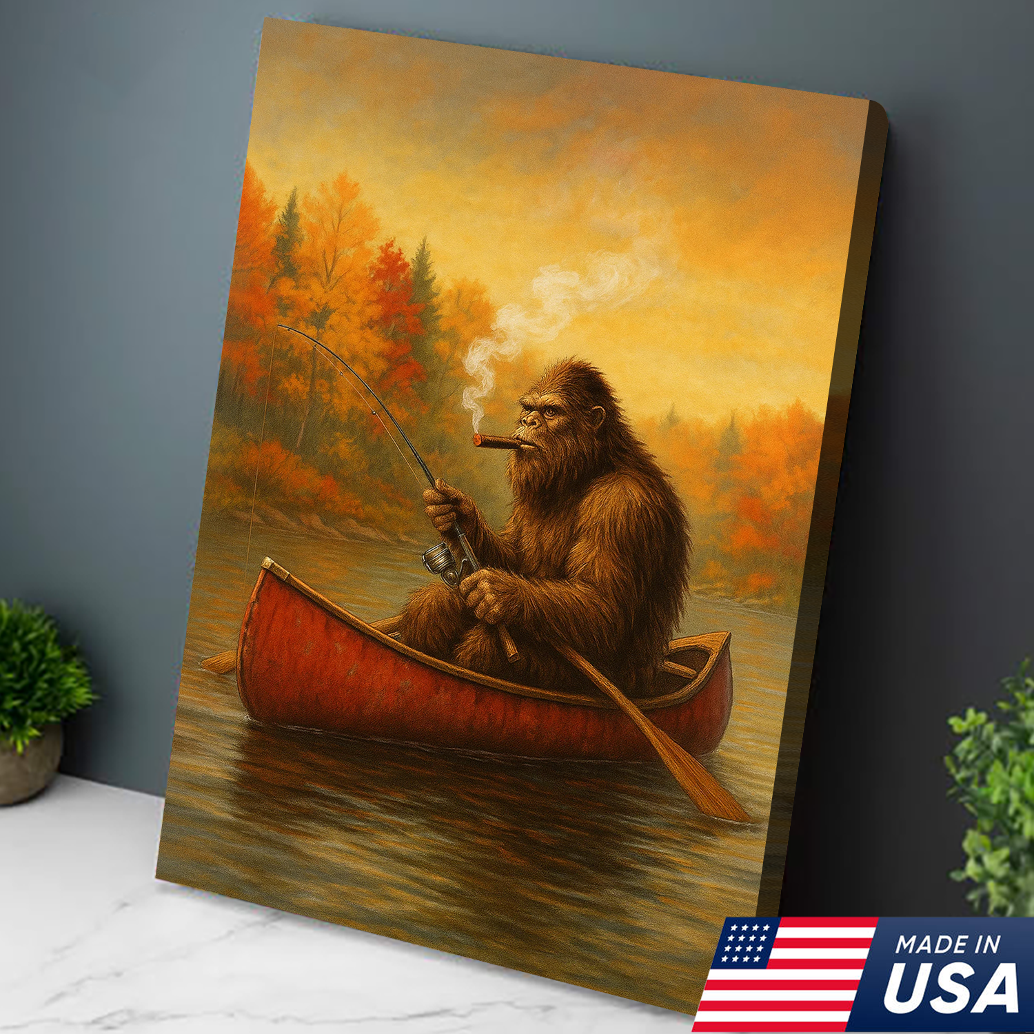 Bigfoot Fishing Canvas Wall Art – Rustic Lodge & Man Cave Decor