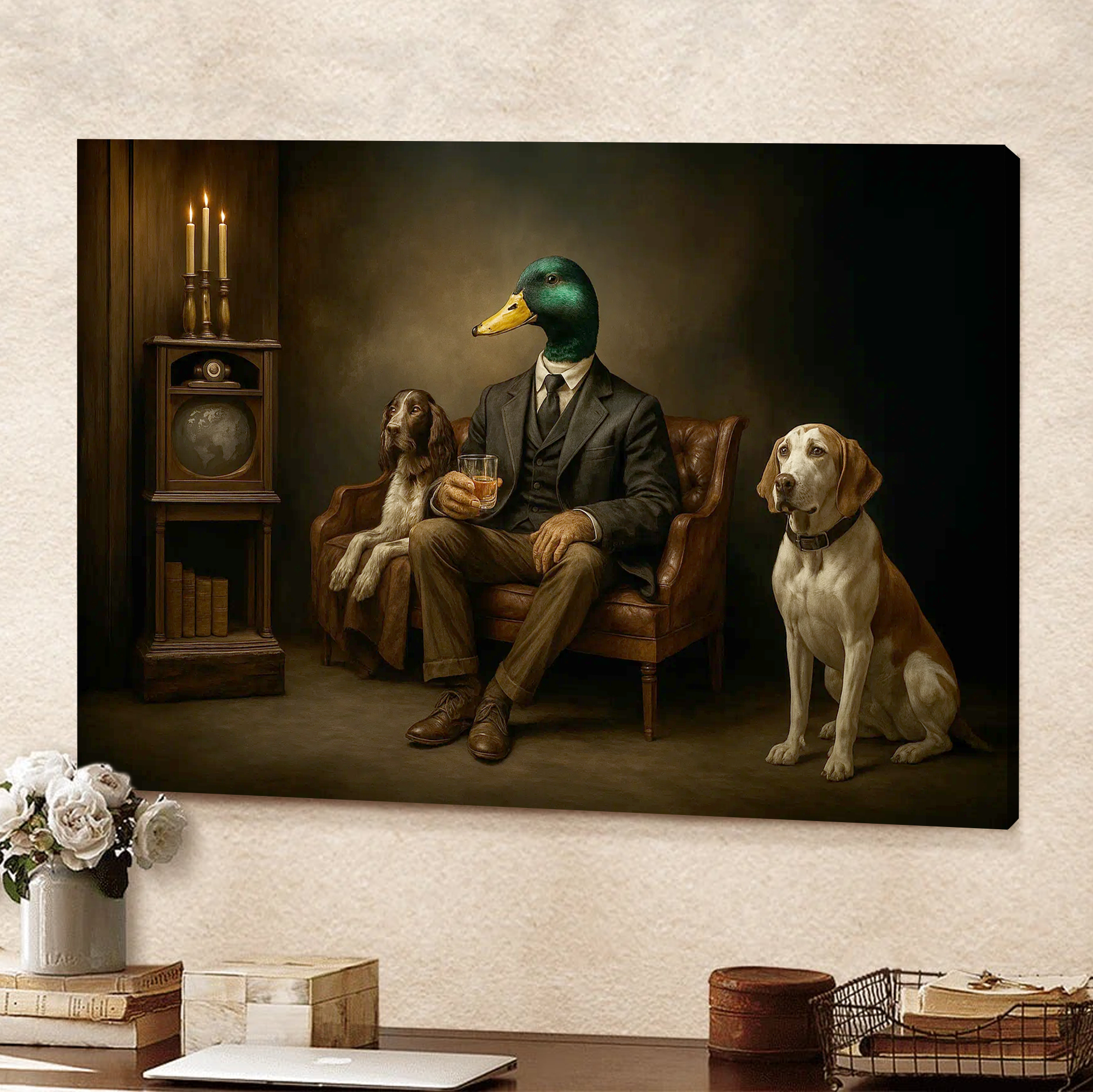 Gentleman Duck Canvas Wall Art – Rustic Whiskey Lounge & Hunting Lodge Decor, Man Cave Dog Lover Gift