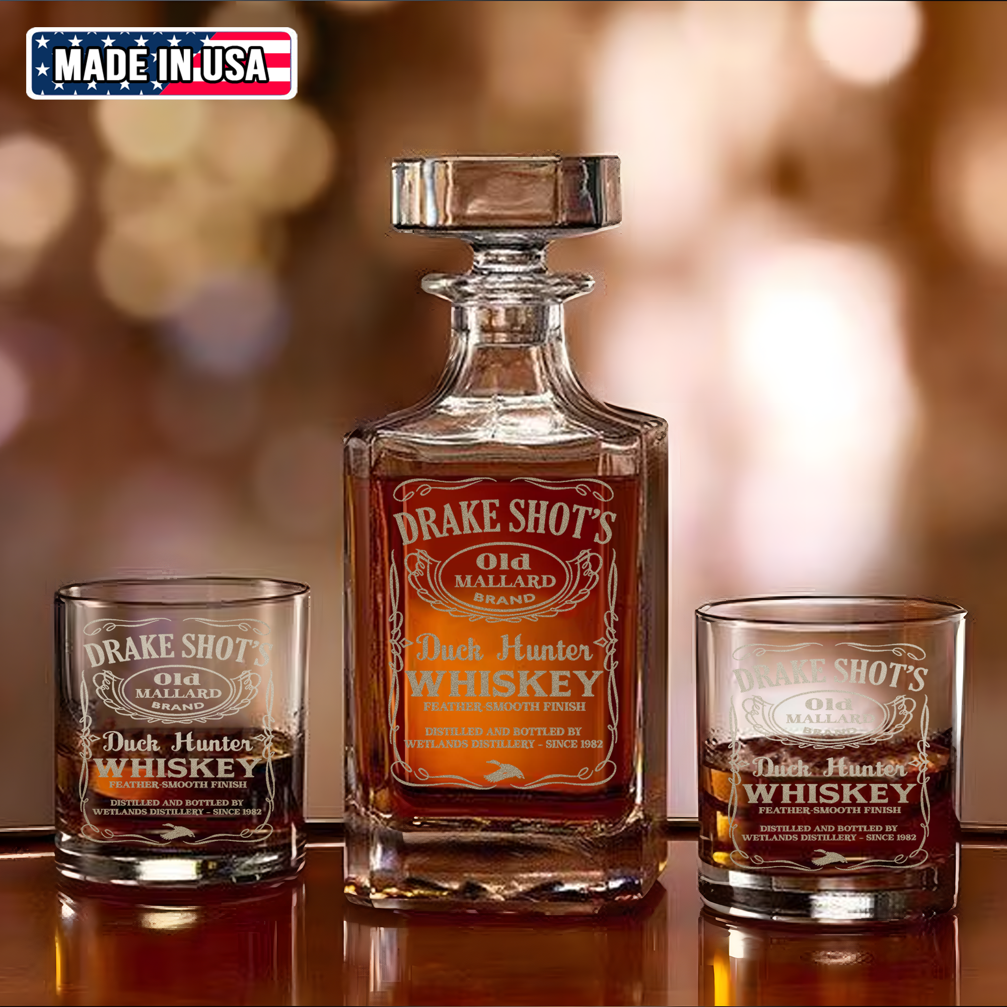 Drake Shot’s Whiskey Decanter Set – Engraved Duck Hunter Glass Barware Gift For Waterfowl Hunters & Drinking Lovers