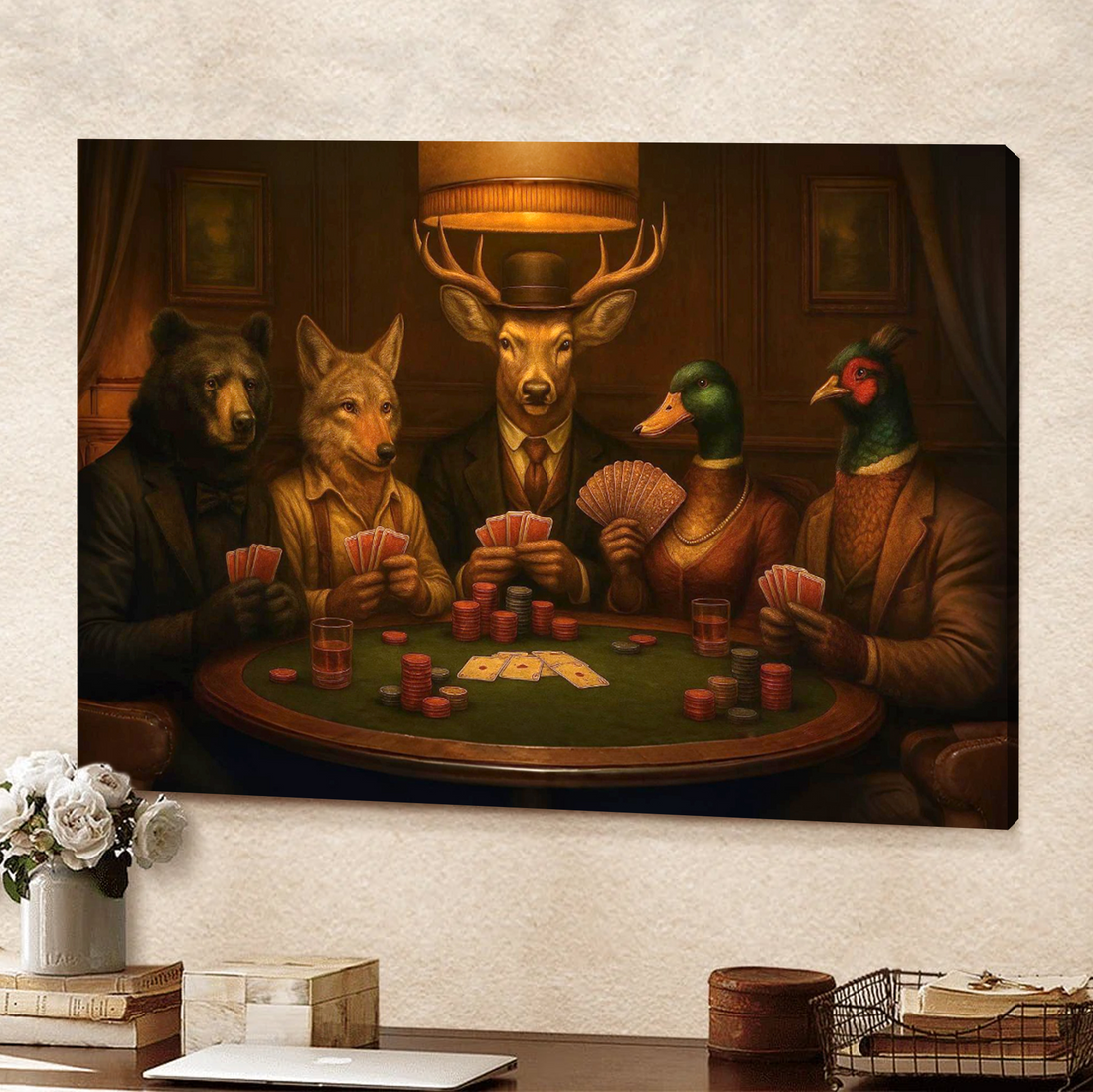 The Poker Club – Vintage Animals Playing Cards Wall Art - Rustic Anthropomorphic Canvas Print for Man Cave & Bar Decor
