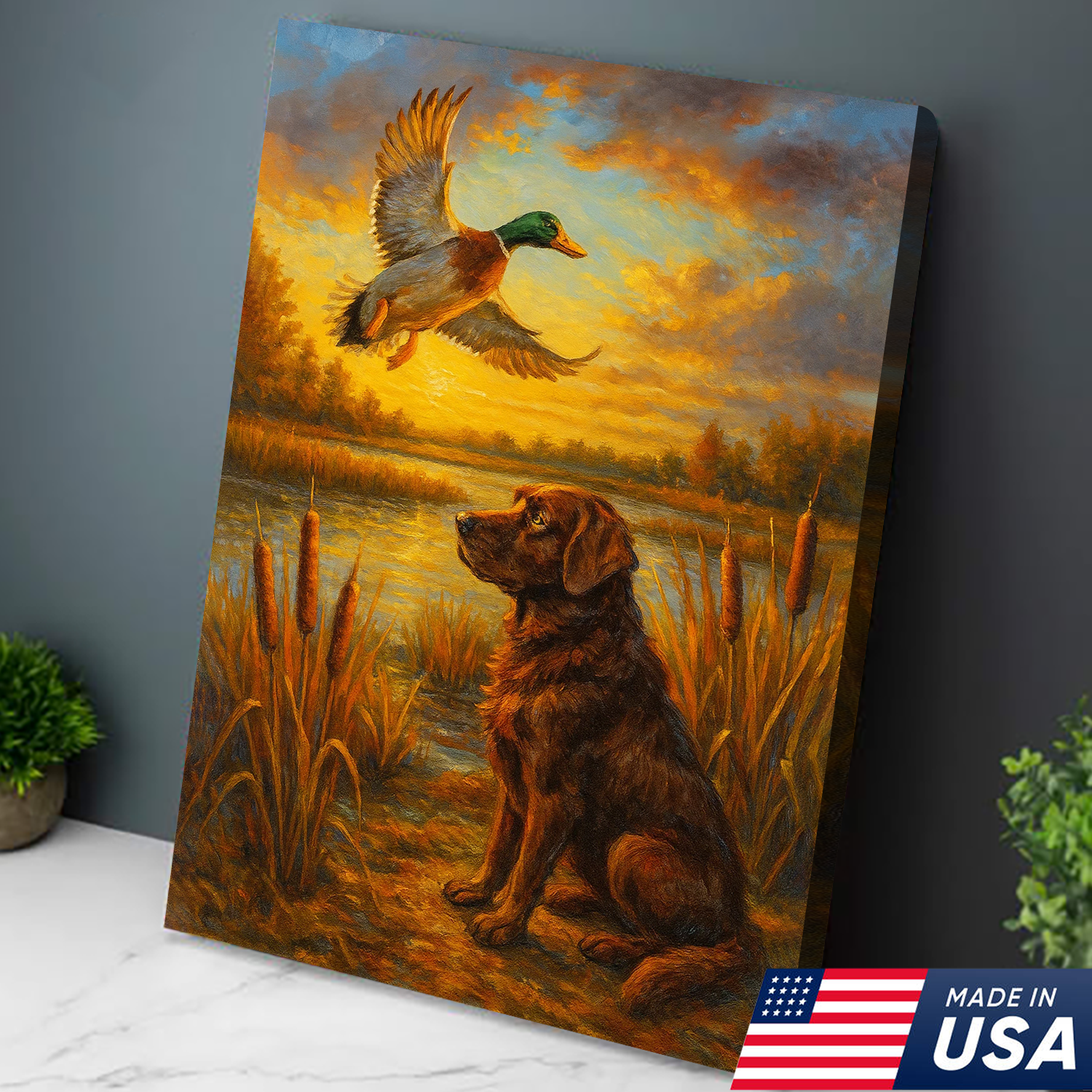 Hunting Dog & Mallard Canvas Wall Art – Rustic Wildlife Painting Made in USA