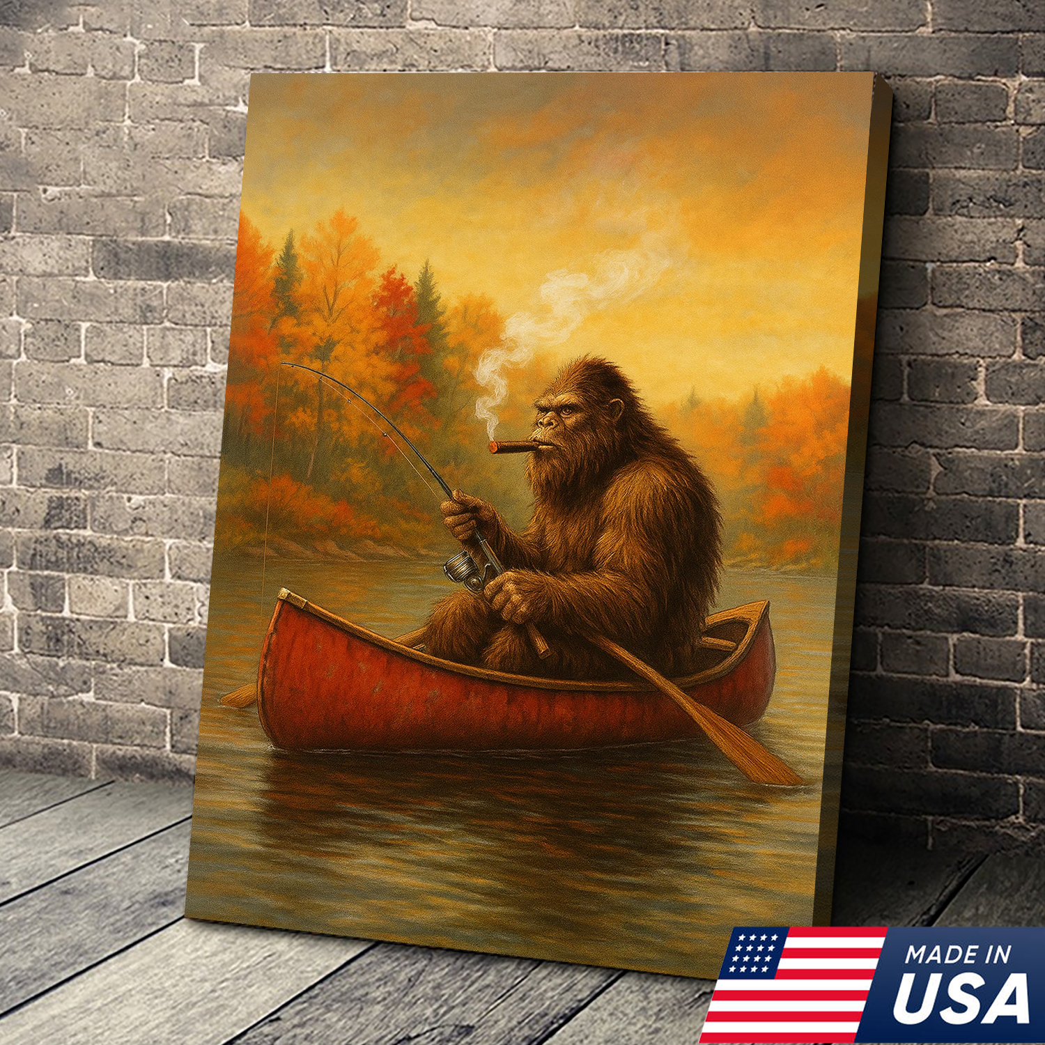 Bigfoot Fishing Canvas Wall Art – Rustic Lodge & Man Cave Decor