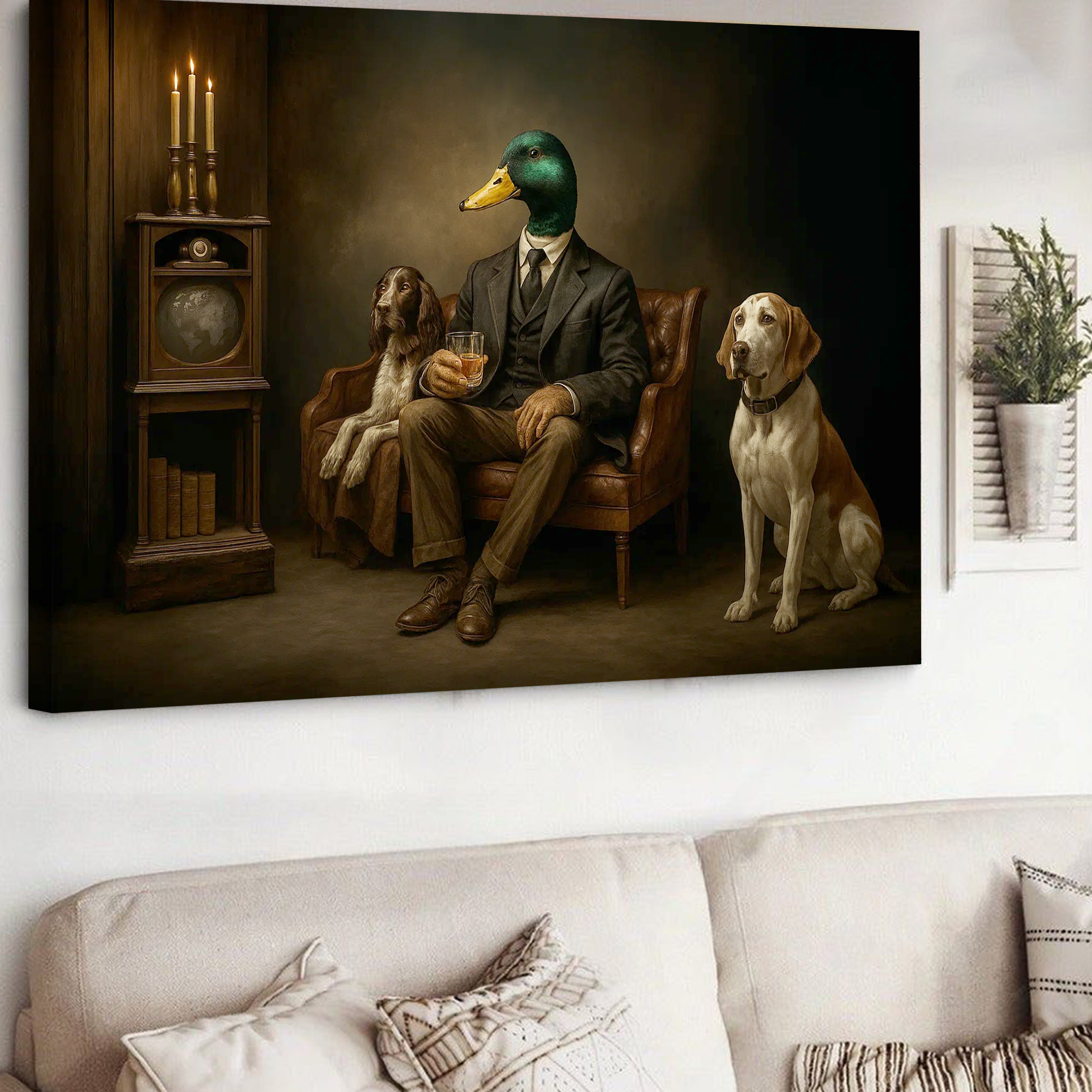 Gentleman Duck Canvas Wall Art – Rustic Whiskey Lounge & Hunting Lodge Decor, Man Cave Dog Lover Gift