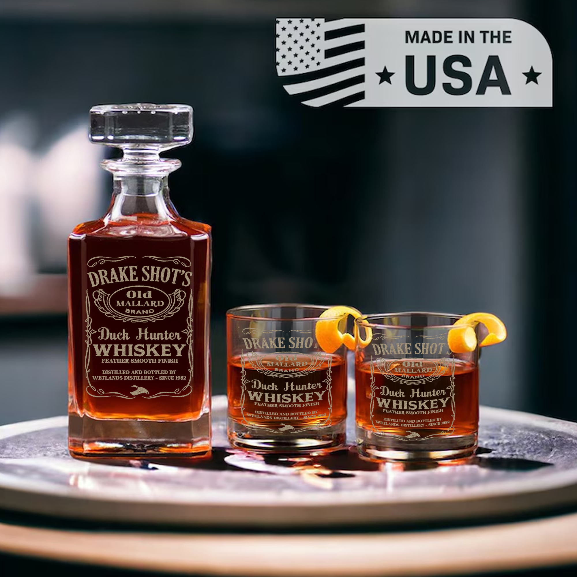 Drake Shot’s Whiskey Decanter Set – Engraved Duck Hunter Glass Barware Gift For Waterfowl Hunters & Drinking Lovers