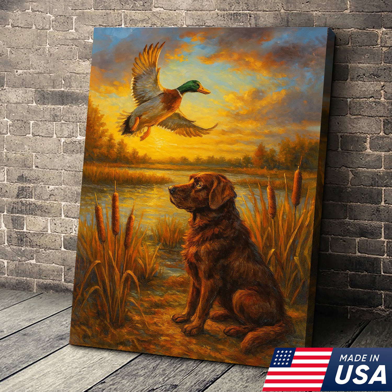 Hunting Dog & Mallard Canvas Wall Art – Rustic Wildlife Painting Made in USA