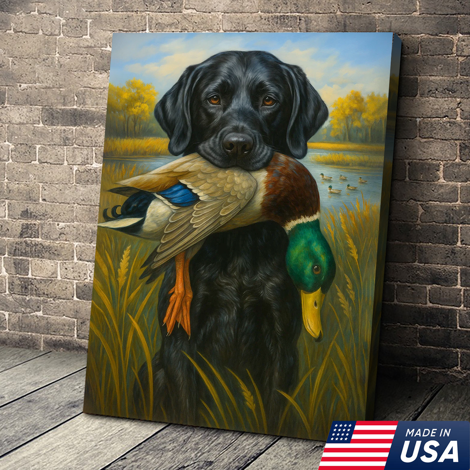 Hunting Dog Canvas Wall Art – Black Labrador Retriever with Duck, Rustic Cabin & Man Cave Decor, Made in USA