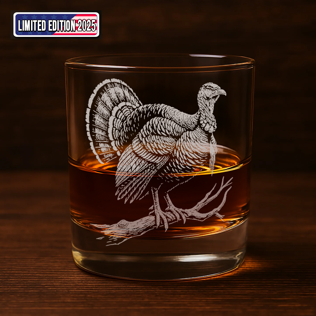 Turkey Whiskey Glass, Custom Engraved Rocks Glass, Rustic Hunting Gift for Outdoorsmen & Whiskey Lovers