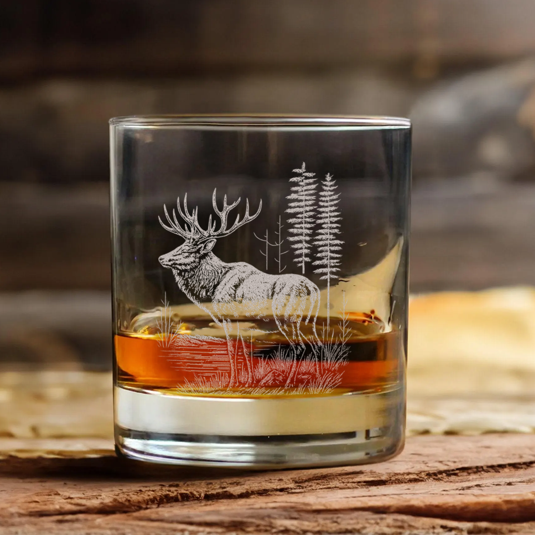 Deer Elk Engraved Whiskey Glass – Engraved Hunting Rocks Glass for Men