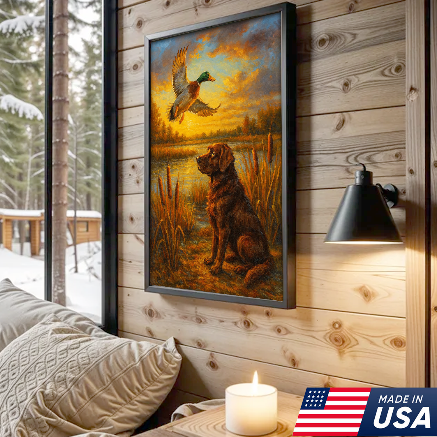 Hunting Dog & Mallard Canvas Wall Art – Rustic Wildlife Painting Made in USA