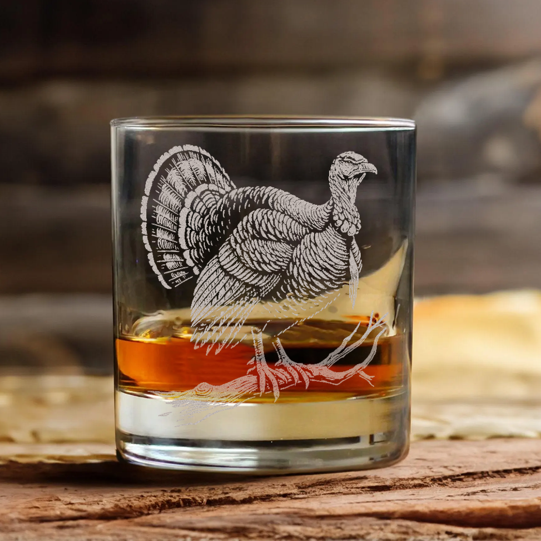 Turkey Whiskey Glass, Custom Engraved Rocks Glass, Rustic Hunting Gift for Outdoorsmen & Whiskey Lovers