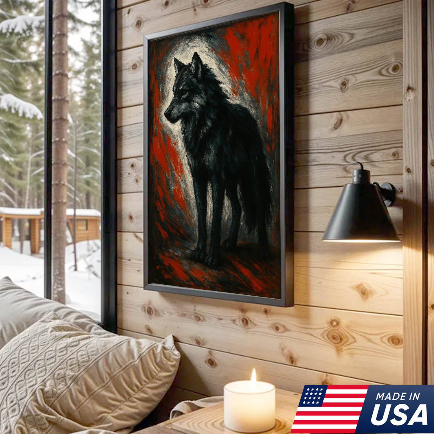 Black Wolf Canvas Wall Art – Rustic Wildlife Decor for Cabin, Lodge & Man Cave