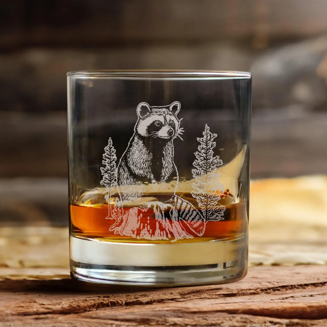 Raccoon In Forest Engraved Whiskey Glass, Wildlife Raccoon Rocks Glass Gift for Whiskey Lovers & Hunters