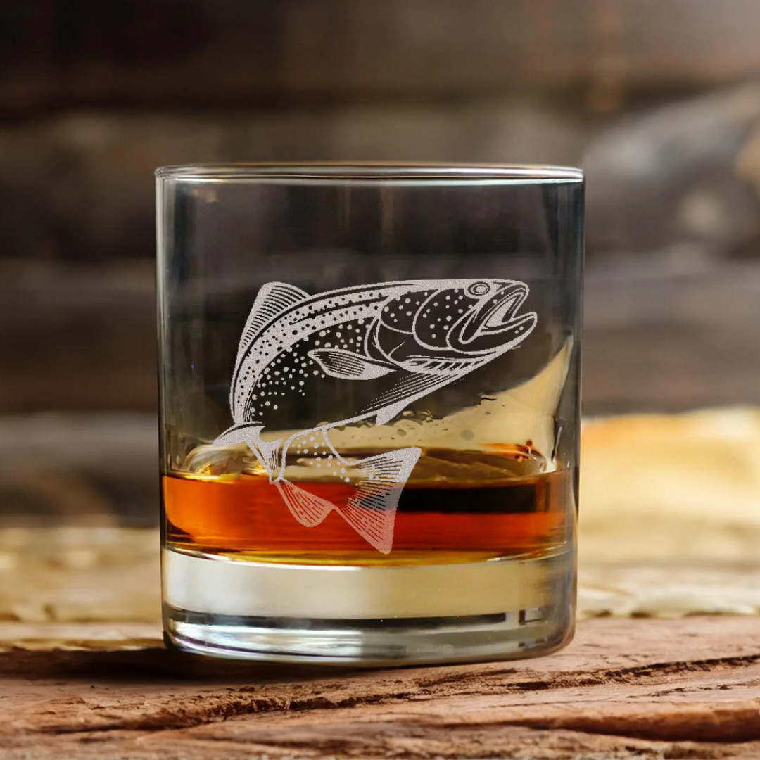 Fishing Engraved Whiskey Glass, Custom Rocks Glass with Fish Design, Gift for Men, Rustic Barware 2025
