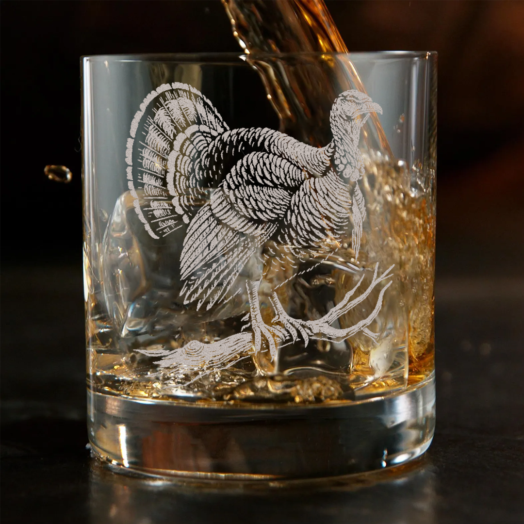 Turkey Whiskey Glass, Custom Engraved Rocks Glass, Rustic Hunting Gift for Outdoorsmen & Whiskey Lovers
