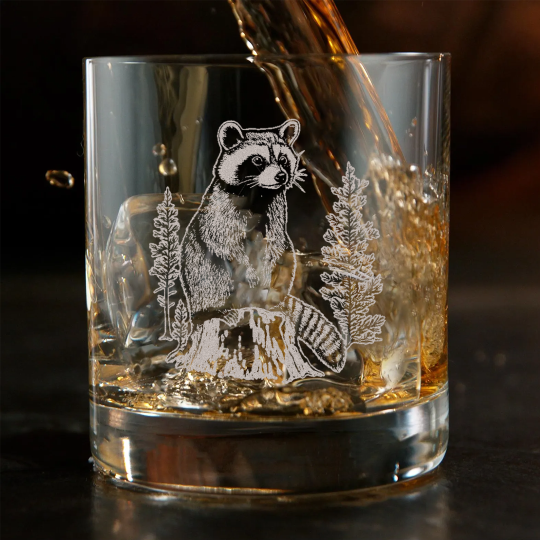 Raccoon In Forest Engraved Whiskey Glass, Wildlife Raccoon Rocks Glass Gift for Whiskey Lovers & Hunters