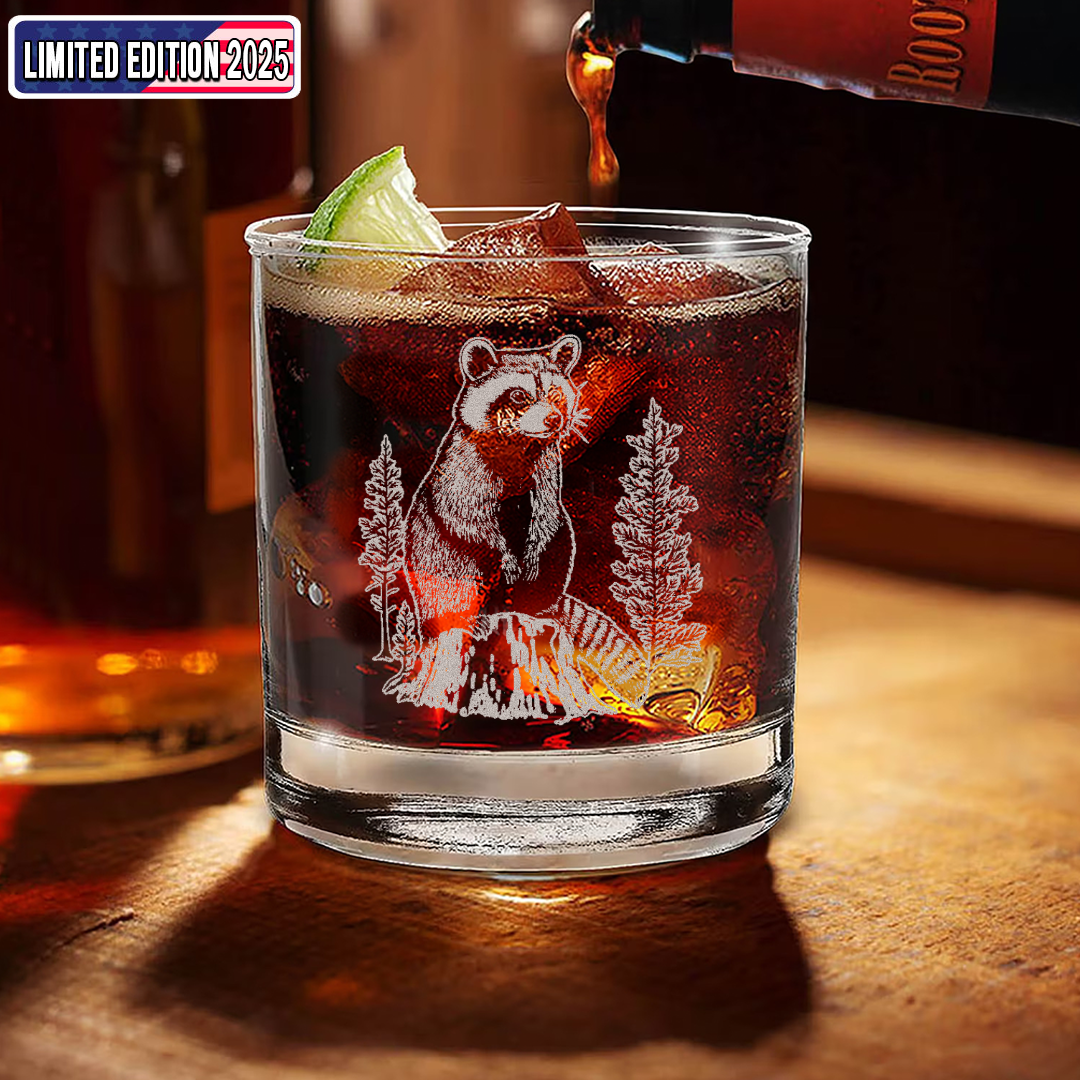 Raccoon In Forest Engraved Whiskey Glass, Wildlife Raccoon Rocks Glass Gift for Whiskey Lovers & Hunters