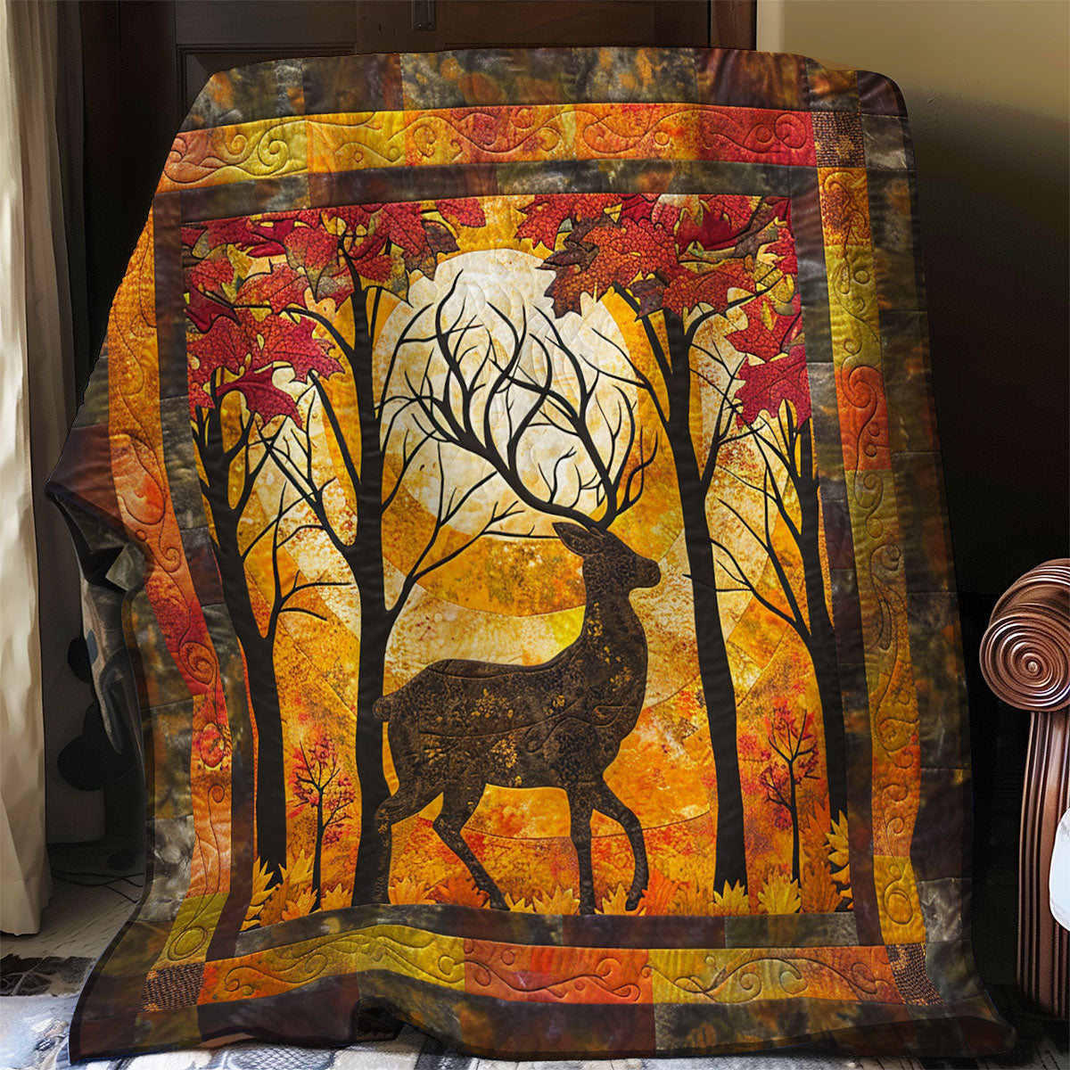 Deer And Autumn Leaves Quilt Blanket