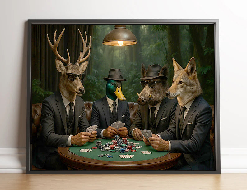 Hunter Animals Playing Poker Canvas - Deer, Duck, Boar & Coyote Poker Print – Man Cave Wall Decor