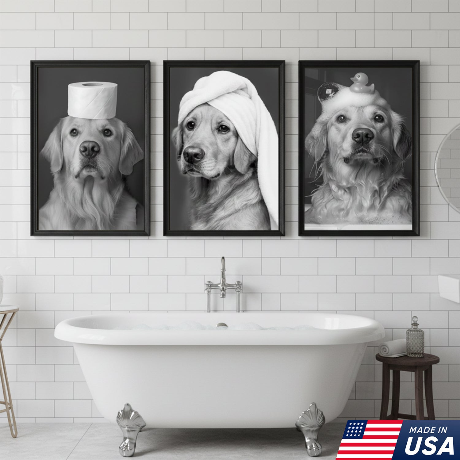 Funny Dog Bathroom Triptych Canvas Wall Art Set, Black and Golden Retriever Bath Humor