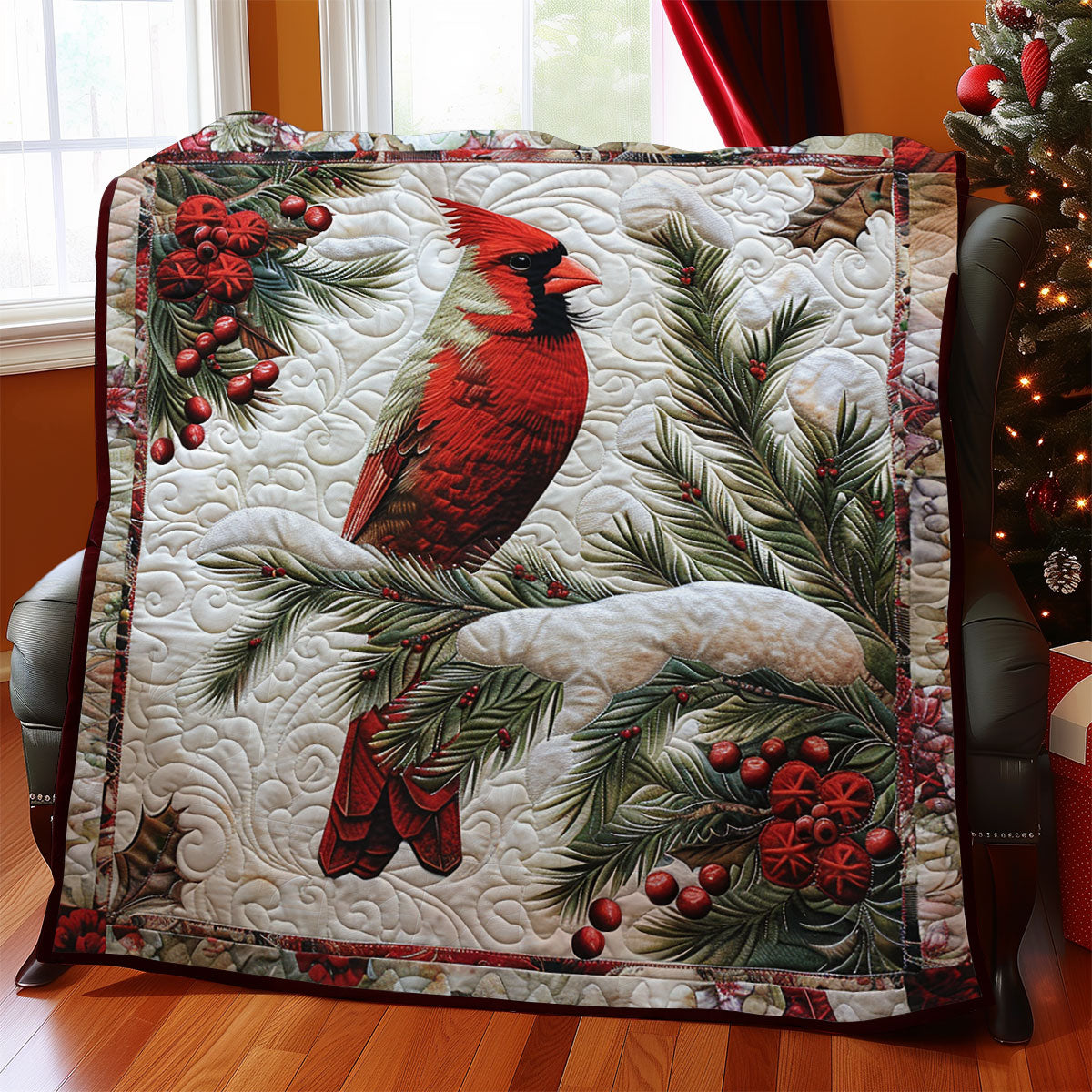 Christmas Cardinal Snowy Evening Quilt Blanket