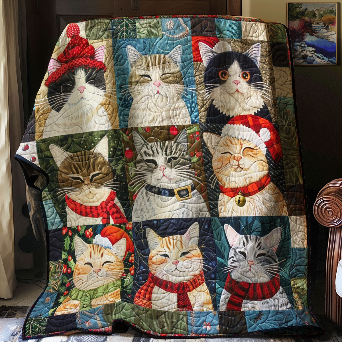 Christmas Cartoon Cat Quilt Blanket