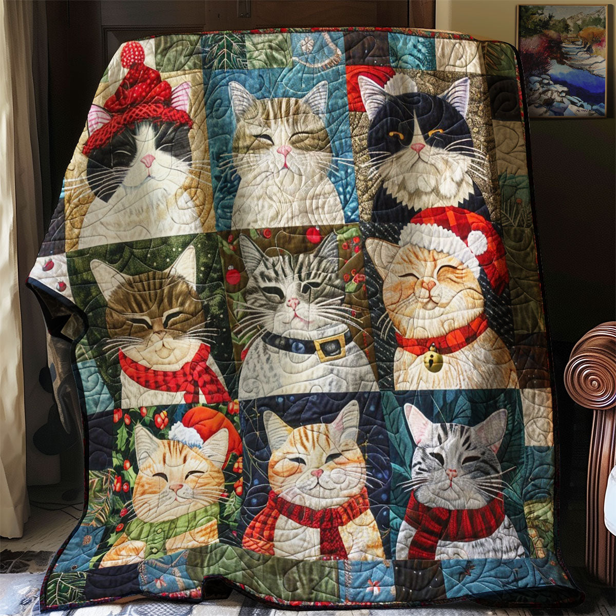 Christmas Cat And Friends Quilt Blanket