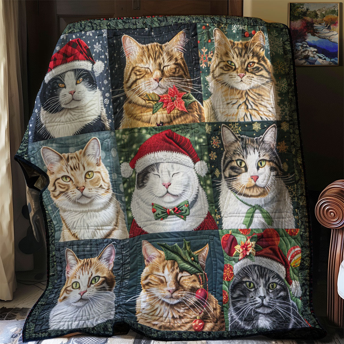 Christmas Cat And Gift Quilt Blanket