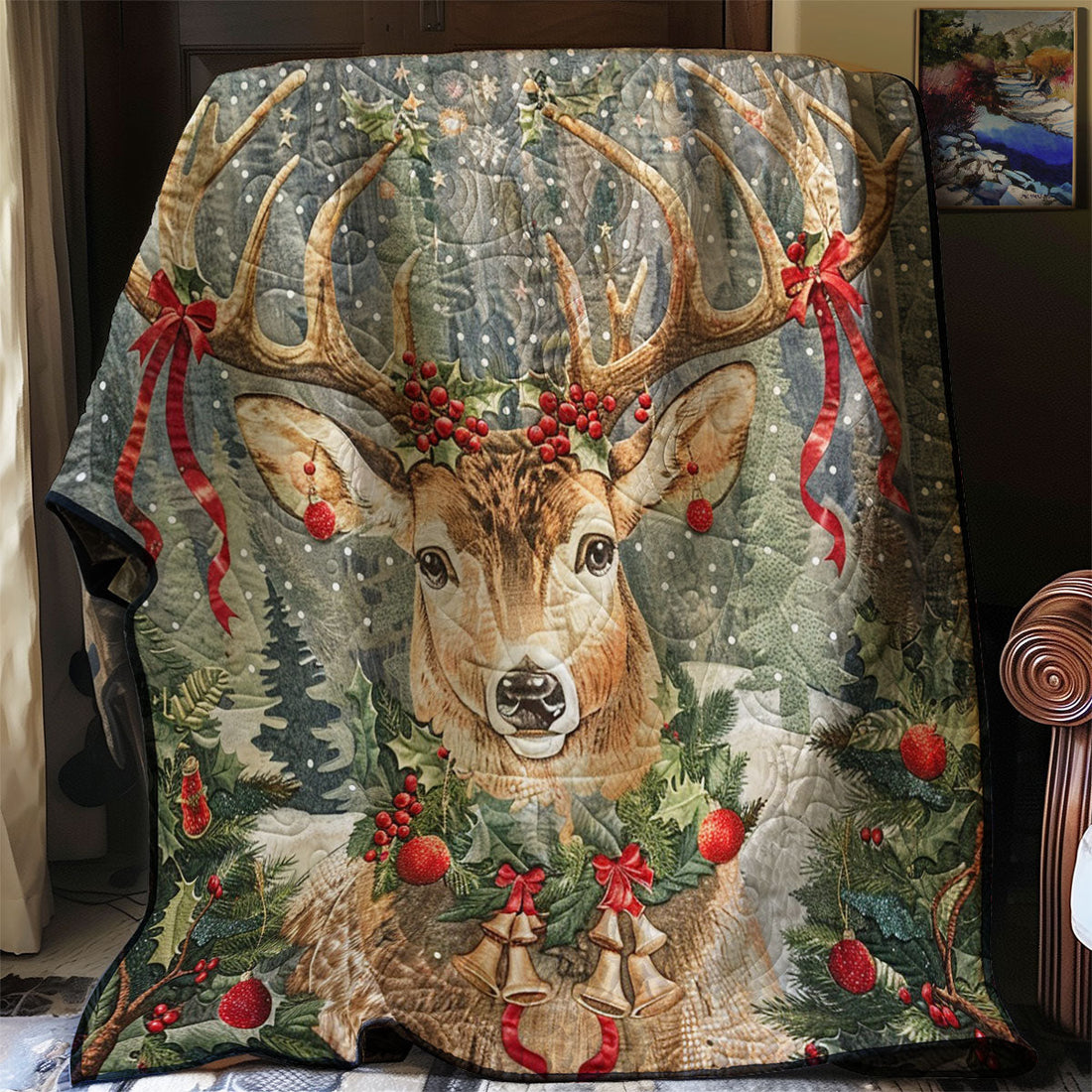 Christmas Deer Decor Woodland Retreat Quilt Blanket