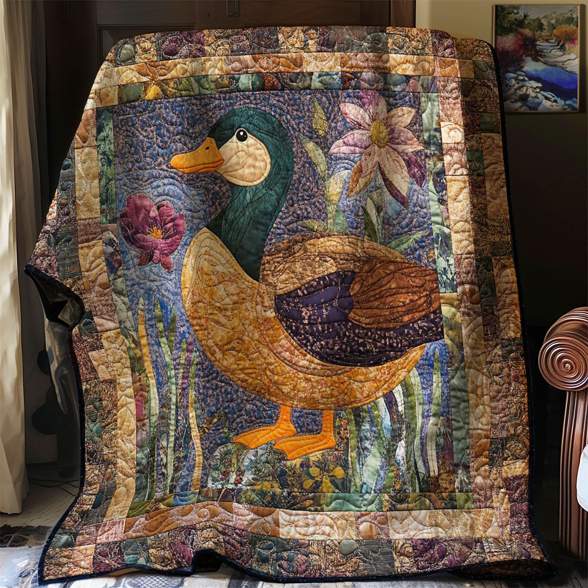 Duck And Flowers Quilt Blanket