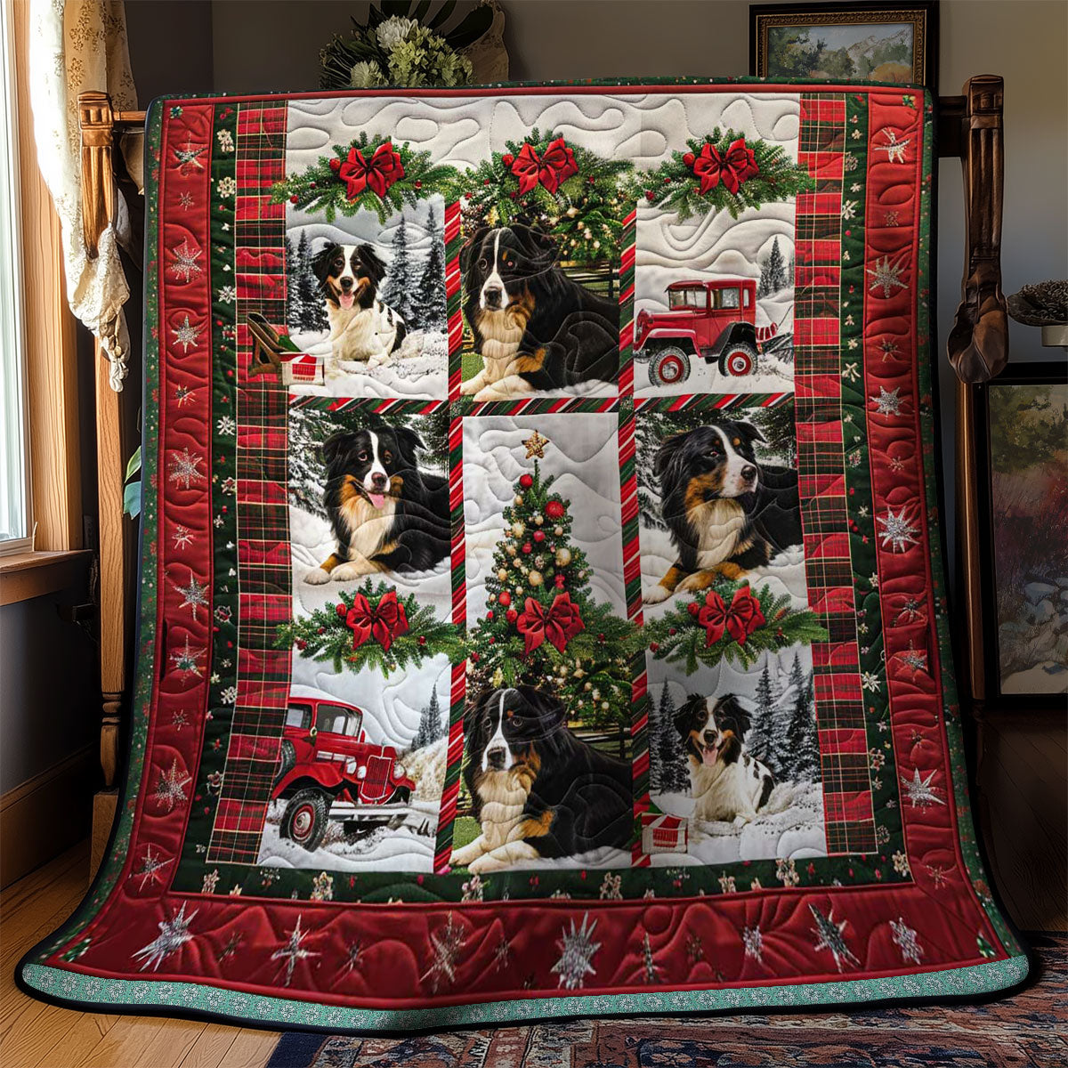 Bernese Mountain Christmas Adventure Quilt Blanket