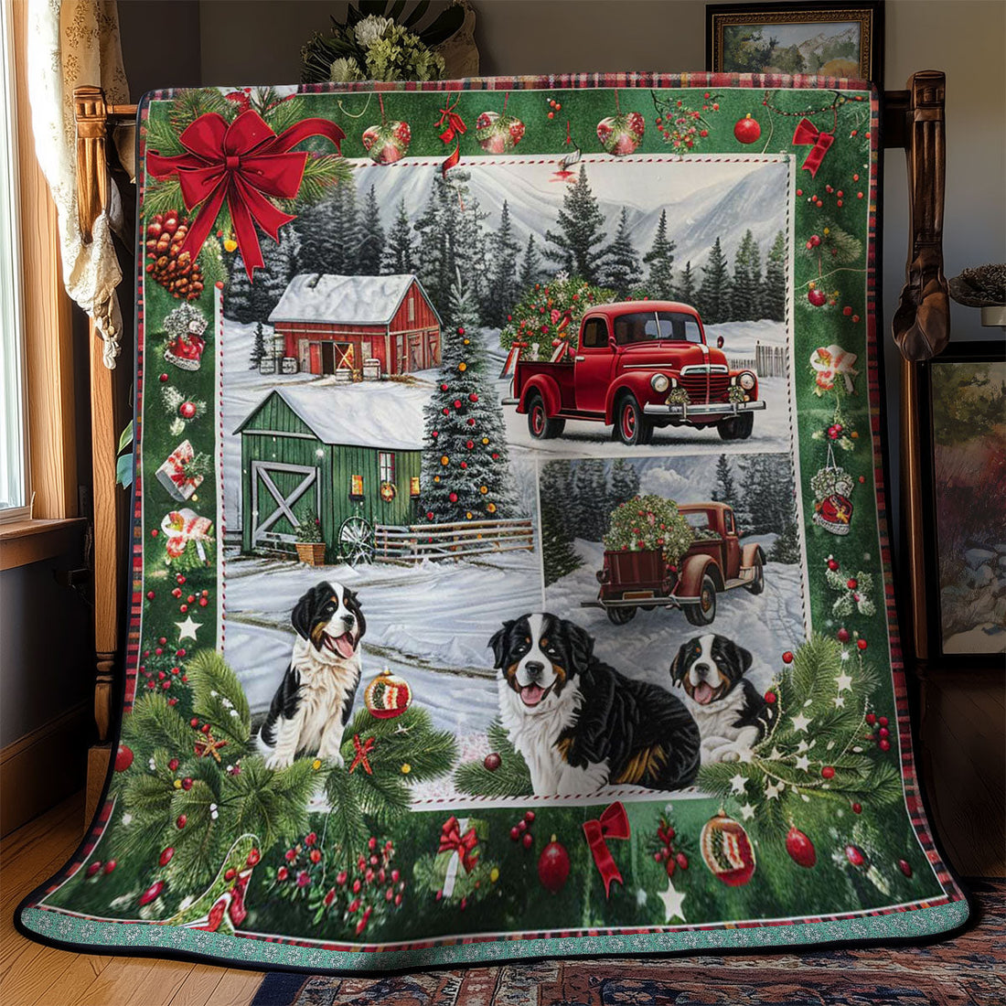 Bernese Mountain Christmas Spirit Quilt Blanket