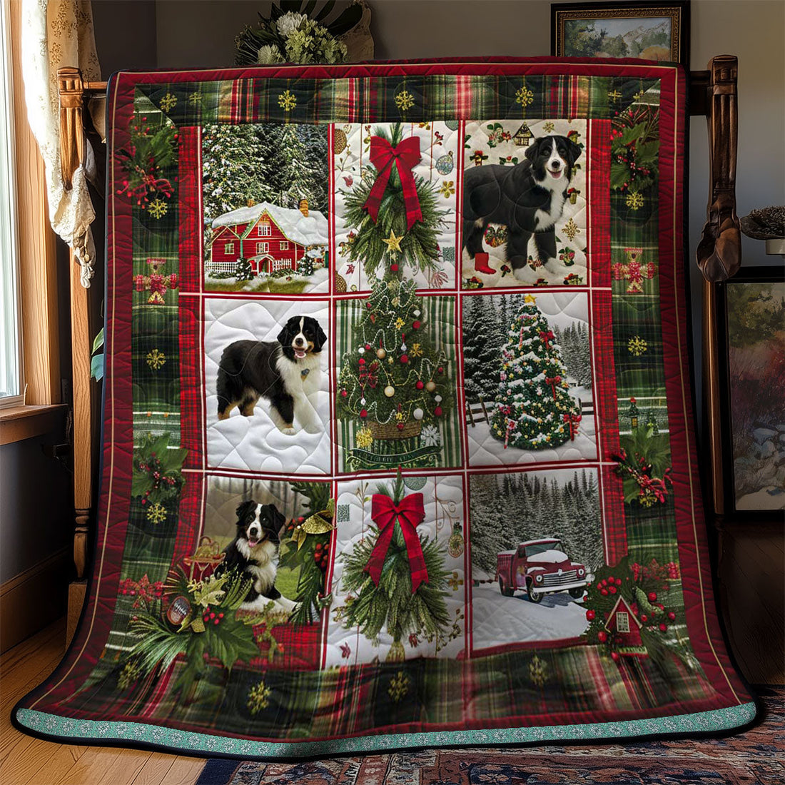 Bernese Mountain Cozy Cabin Christmas Quilt Blanket