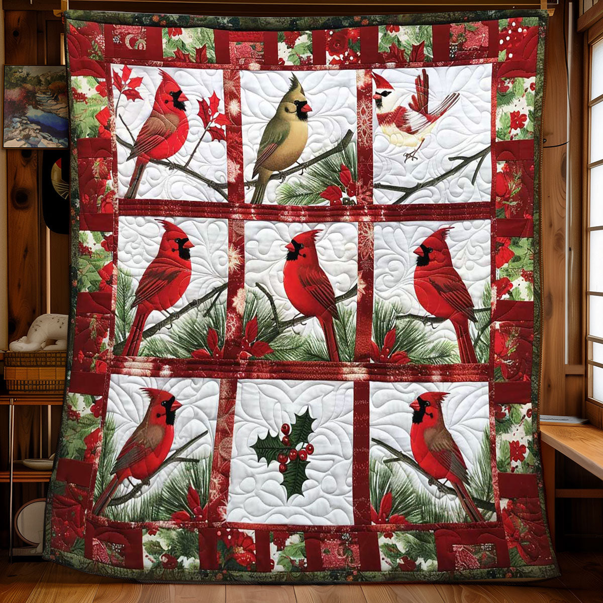 Cheerful Cardinal Christmas Quilt Blanket