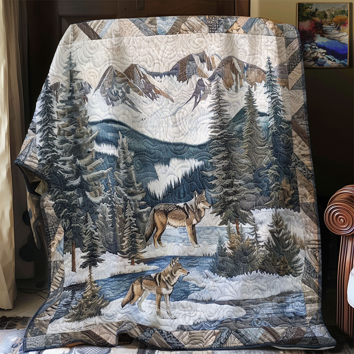 Snow Wolves Forest Quilt Blanket