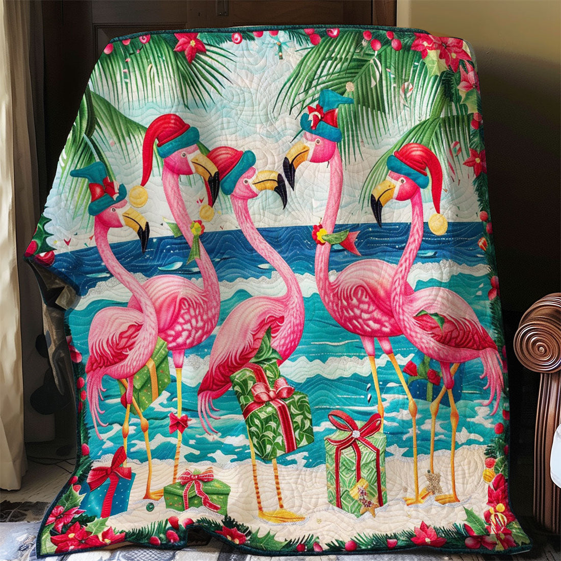 Christmas Gifts For Flamingos Quilt Blanket