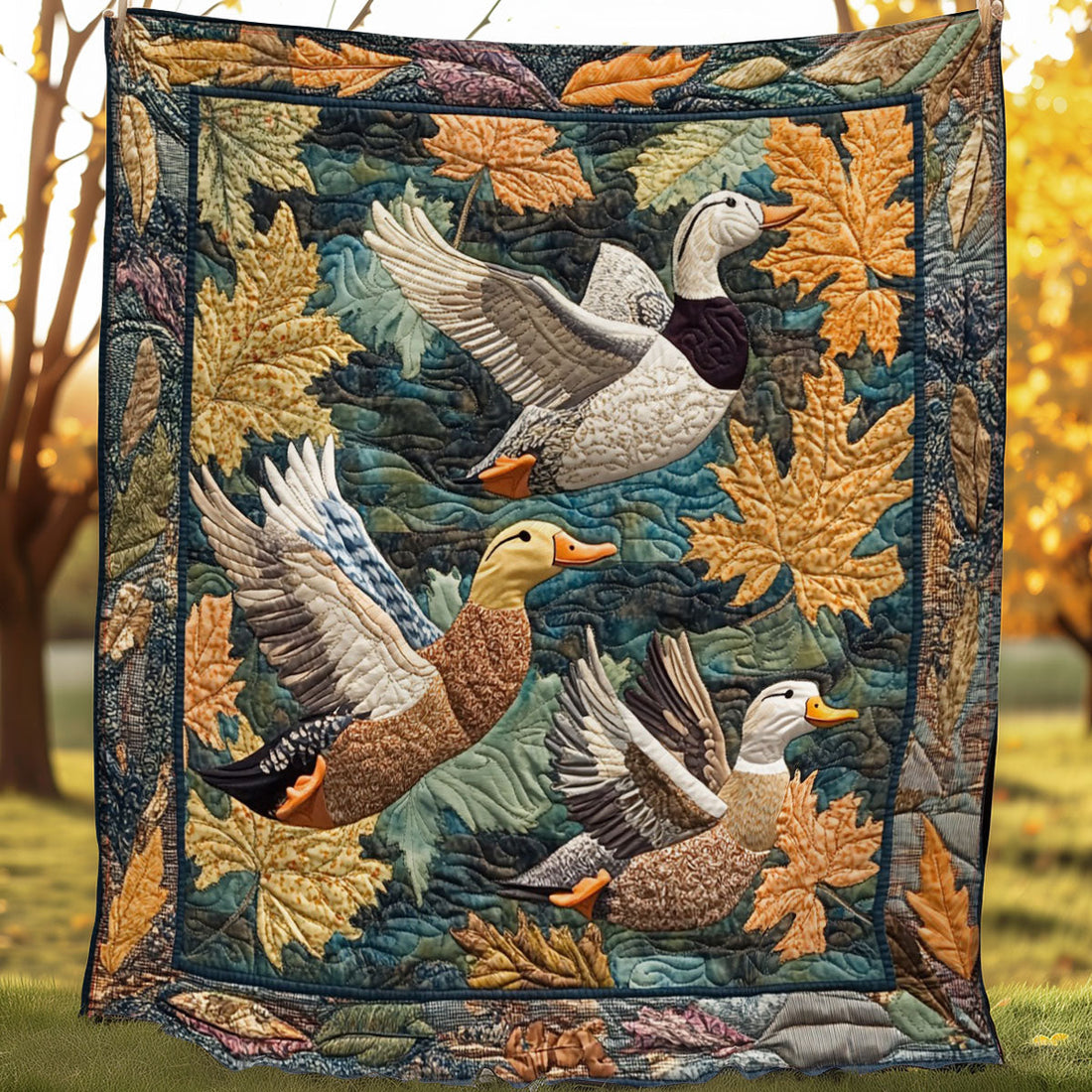 Duck And Leaves Quilt Blanket